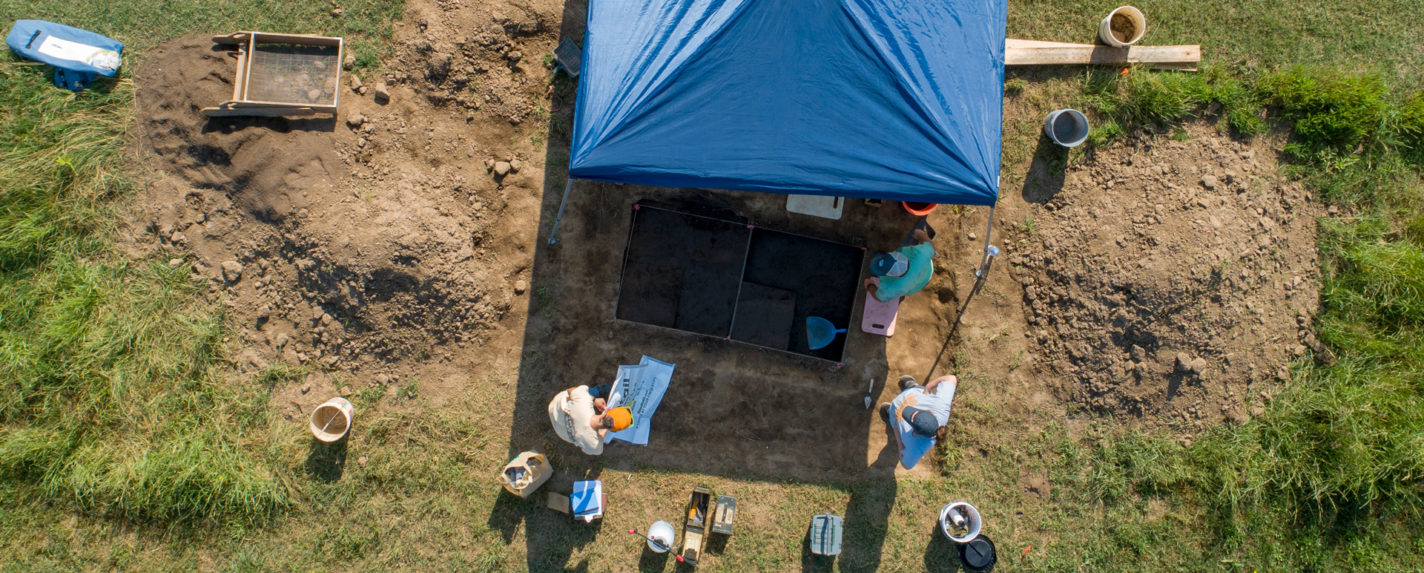 Aerial view of archaeology dig site near the bank of the Tennessee river