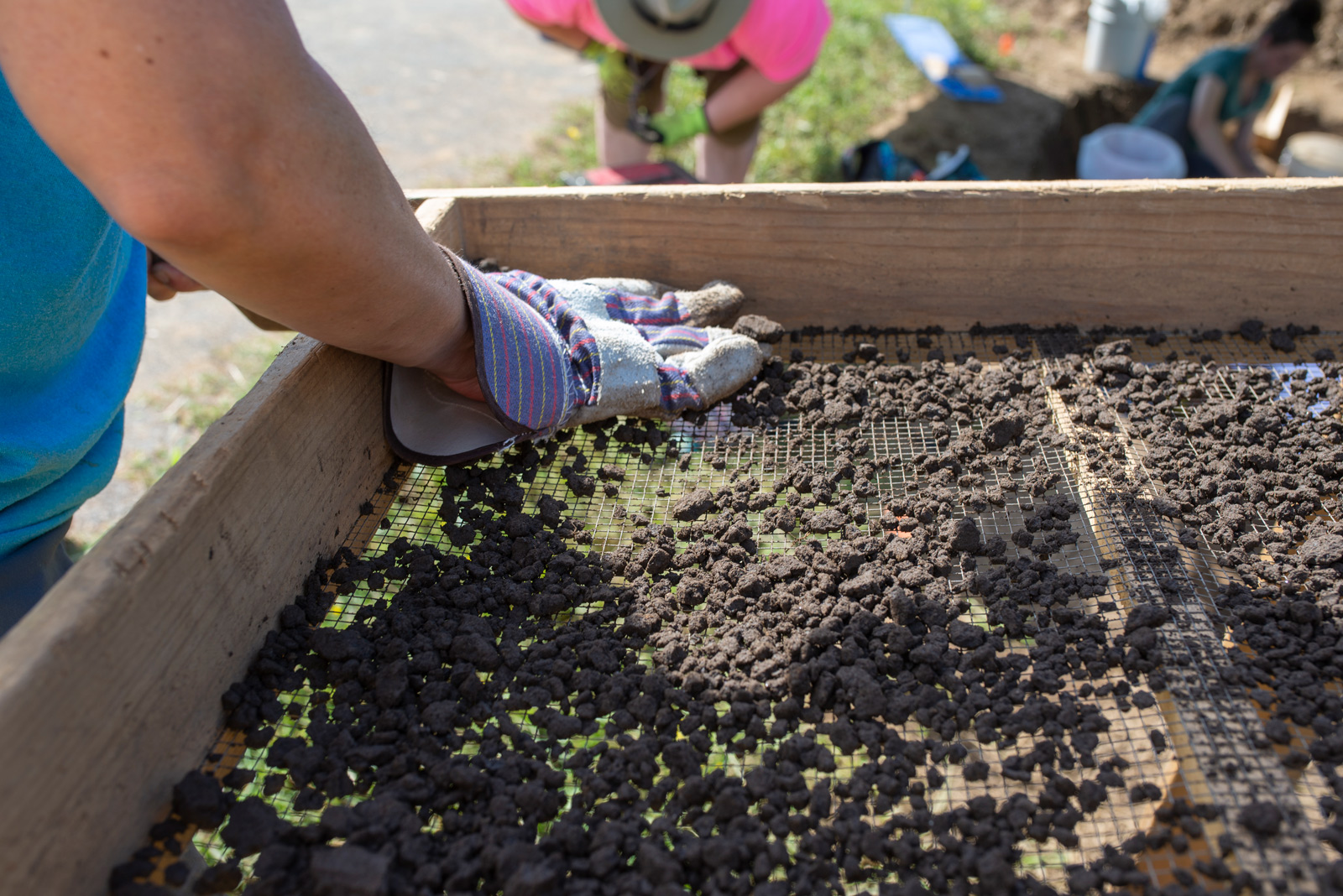 Researchers sift through dirt to find pottery pieces