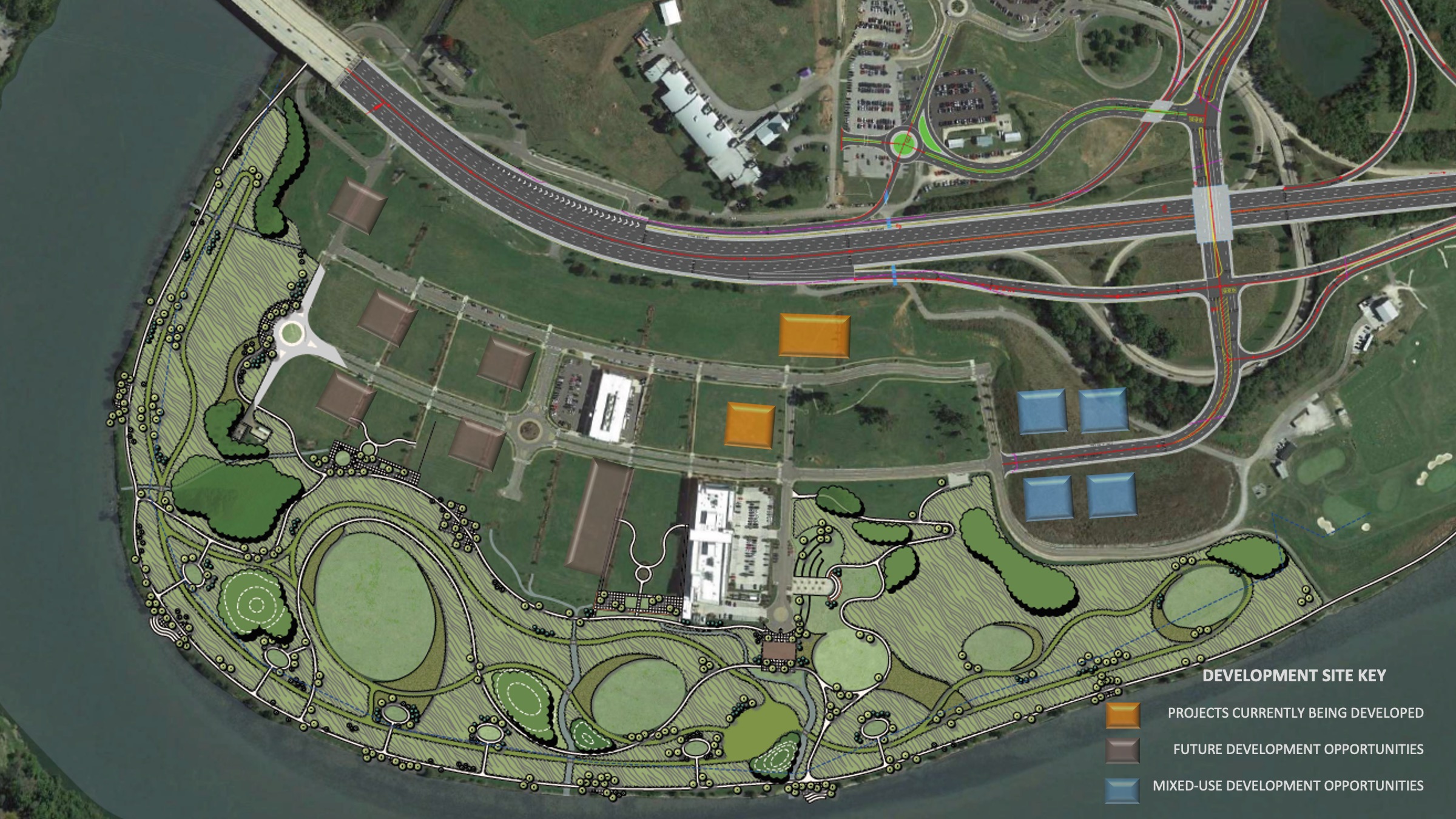 Aerial map view of U T Research Park and Cherokee Landing riverfront park
