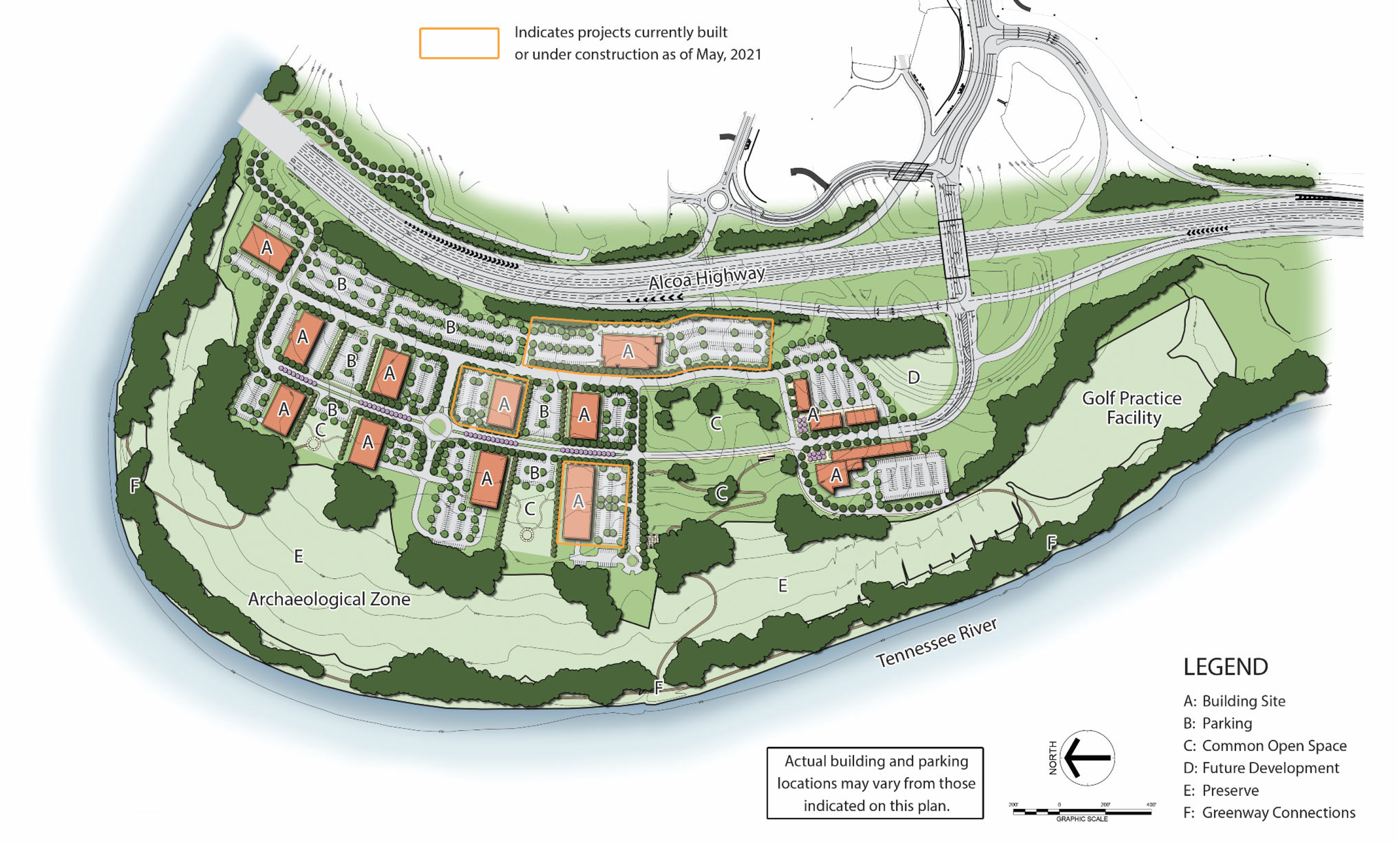 Aerial map view of U T Research Park and Cherokee Landing riverfront park